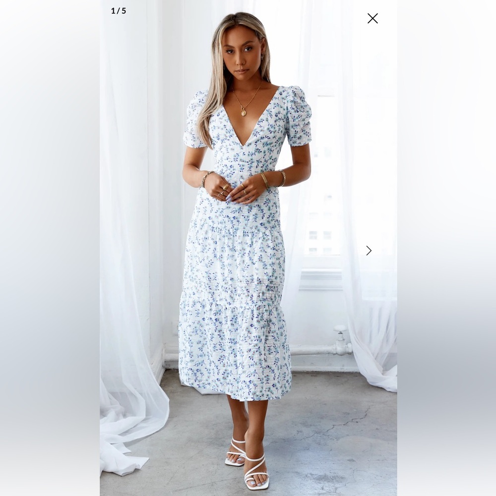 Hello Molly White and Blue Floral Midi Dress